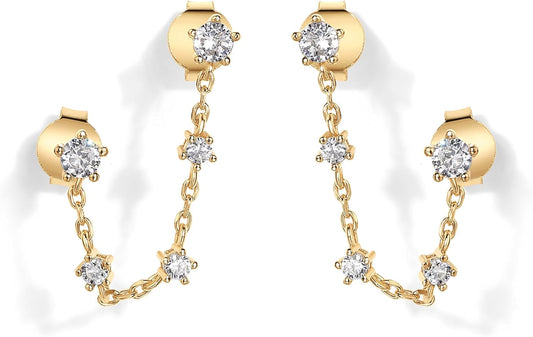 14K Gold Plated Delicate CZ Chain Earrings for Women - Double Piercing Dangle Chain Studs - Cubic Zirconia Earscapes
