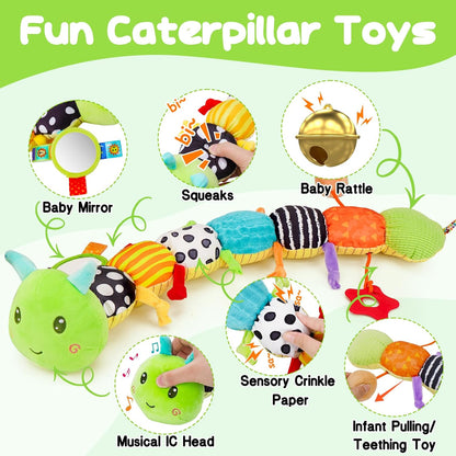 Baby Sensory Toy 0-6 Month Music Animal Stuffed Plush Caterpillar Toy for Infant 0-3-6 Month Tummy Time with Baby Mirror Crinkle Rattle for 6-12 Month Easter Toy for Newborn Boys Girls Birthday Gifts