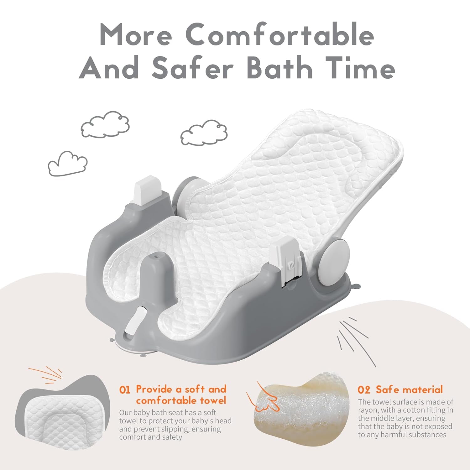Baby Bath Seat with Sitting & Lying 2 Modes, 3-Speed Adjustment, Powerful Suction Cups, Infant Bathtub Chair with Soft and Comfortable Towel, Folding and Hanging