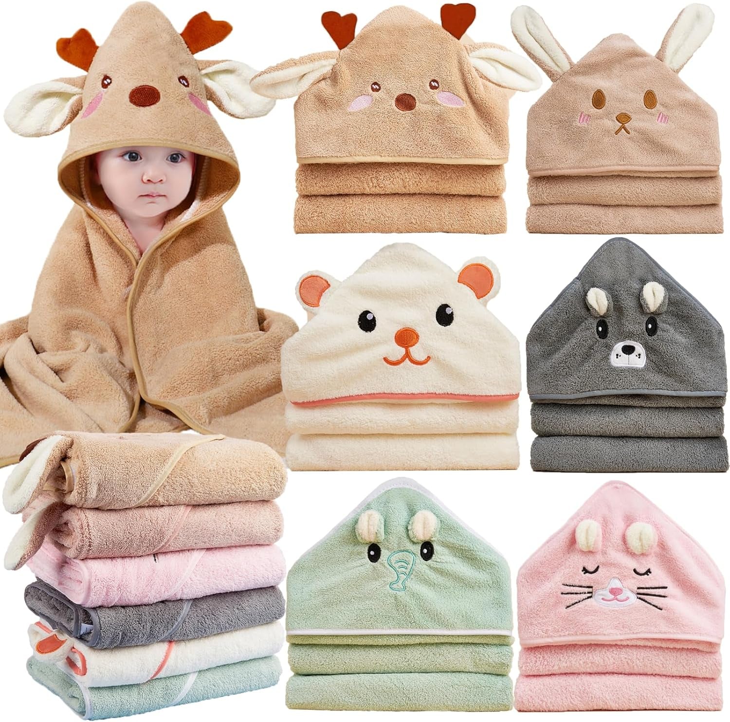 6Pack Hooded Baby Towels, Premium Ultra Soft Absorbent Coral Fleece Baby Bath Towel for Newborns, Toddlers, and Kids, 32X32 in Natural Baby Stuff Towel with Hood for Boy and Girl