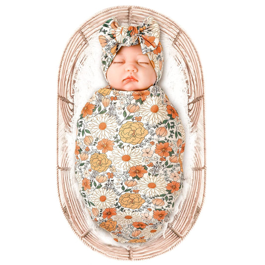 Baby Girl Newborn Receiving Blanket with Headband Set Baby Swaddle Nursery Swaddle Wrap