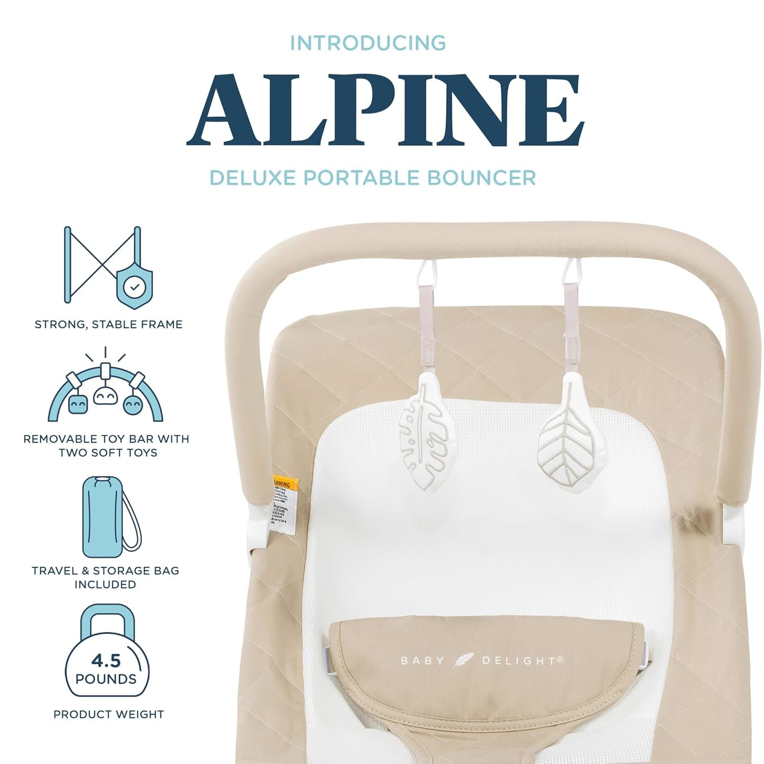 Alpine Deluxe Portable Bouncer for Infants (0-6 Months) - Made with 100% GOTS Certified Organic Cotton in Oat Color