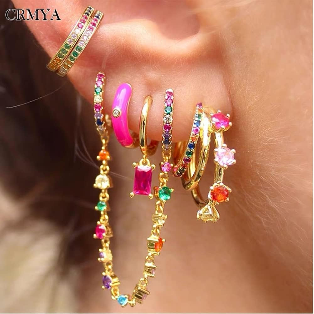 Dainty CZ Double Piercings Two Holes Small Hoop Cuff Cartilage Hypoallergenic Earrings for Women 925 Sterling Silver Post Cubic Zirconia Chain Threader Dangle Drop Crystal Climber Crawler Wrap Dainty Huggie Hoops Fashion Piercing Jewelry Gifts 1 Pair