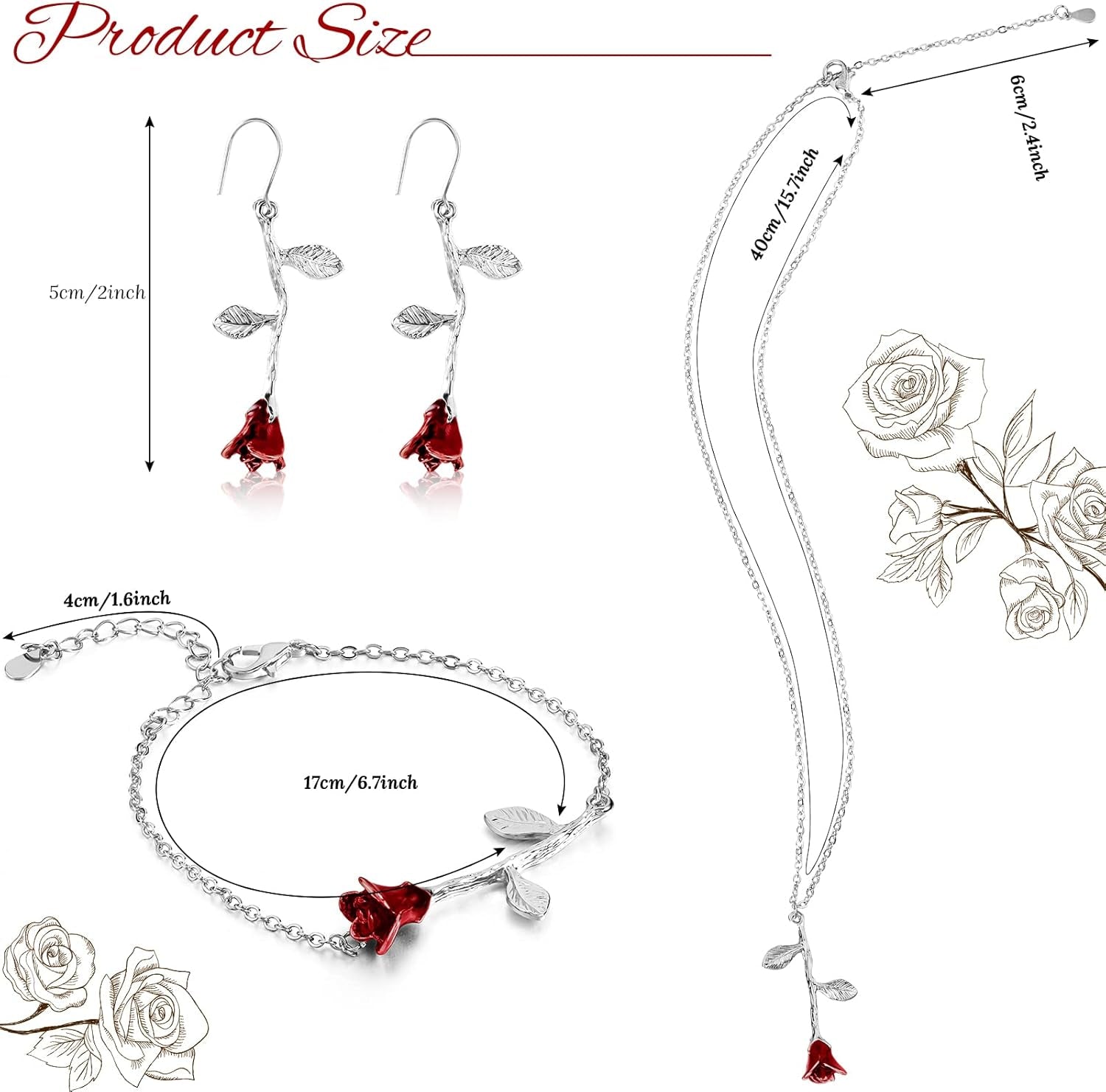 18K Gold Plated Jewelry Set Rose Necklace Bracelet Earrings Red Rose Flower Pendant for Christmas Gift Women
