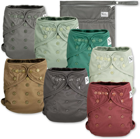 Cloth Diaper Cover, Washable Reusable Diaper Cover with Snap Closure, Flat or Fitted - 7 Pack with Wet Bag - Hickory