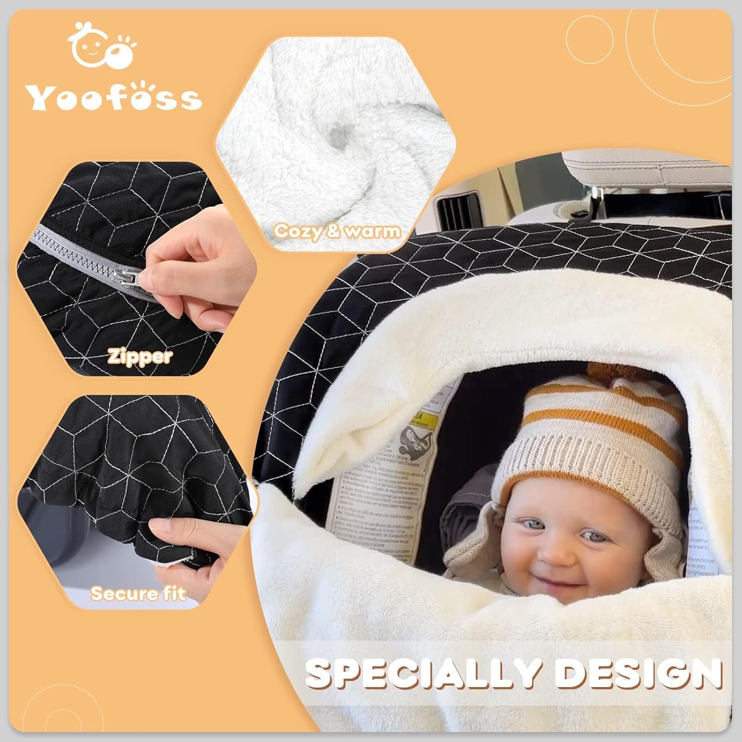 Baby Car Seat Cover Winter Carseat Canopies Cover to Protect Baby from Cold Wind, Super Warm Plush Fleece Baby Carrier Cover for Infant Boys Girls (Black)