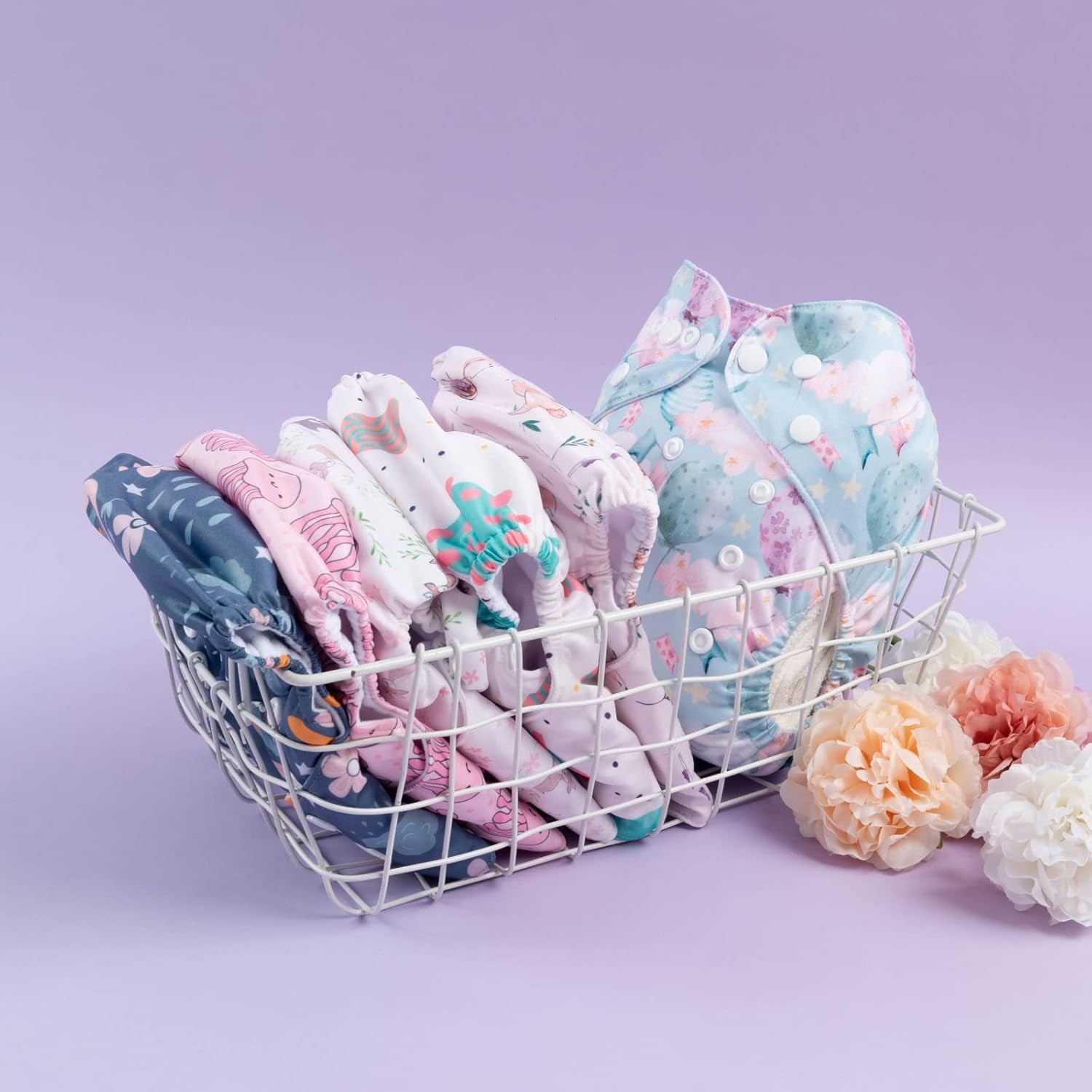 Reusable Cloth Diapers 6 Pack+6Pcs Rayon from Bamboo Inserts+Wet Bag, One Size Adjustable Washable Pocket Nappy Covers for Baby Girls and Boys 6FG38