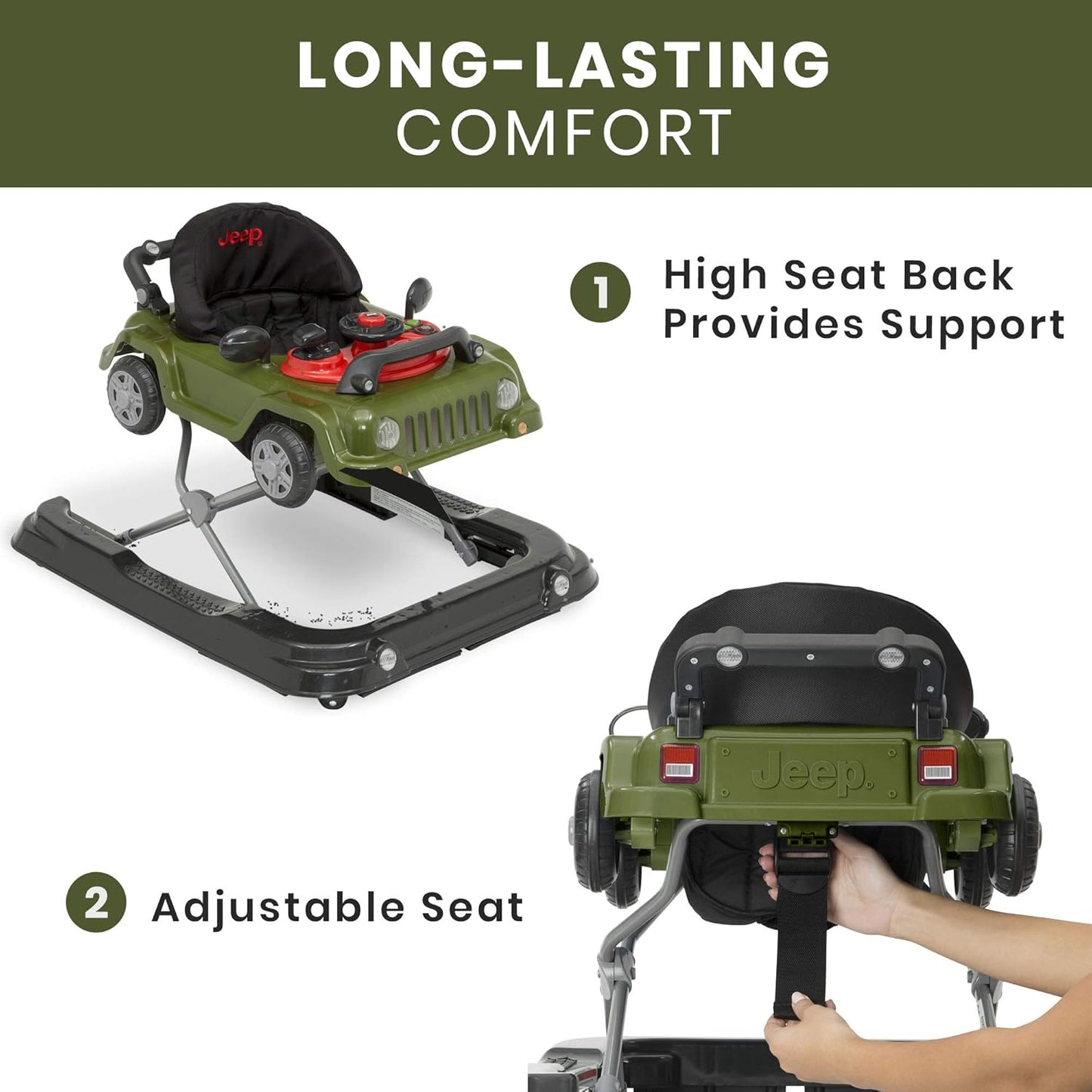 Jeep Classic Wrangler 3-In-1 Grow with Me Activity Walker - Features Music, Lights, Removable Play Tray, Push Walker Mode, Converts into Rolling Car Toy, Anniversary Green