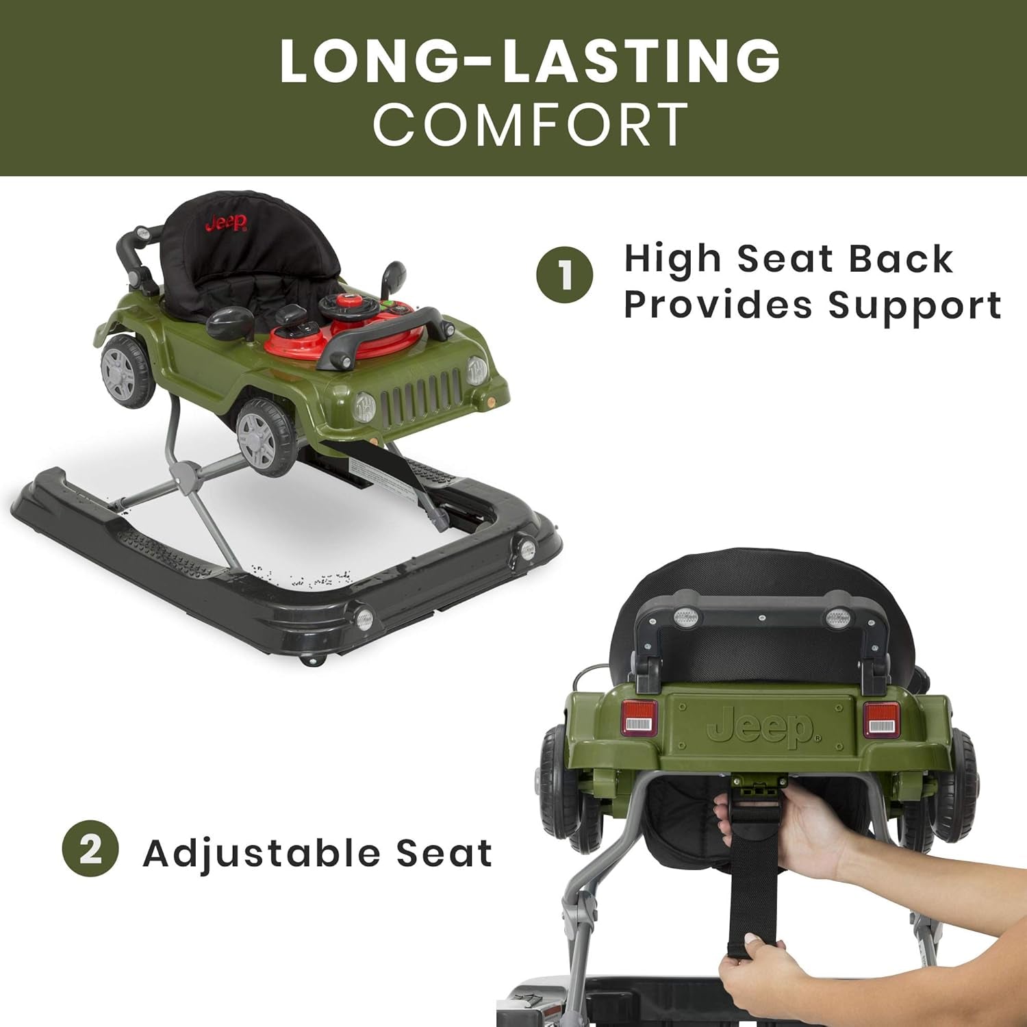 Jeep Classic Wrangler 3-In-1 Grow with Me Activity Walker - Features Music, Lights, Removable Play Tray, Push Walker Mode, Converts into Rolling Car Toy, Anniversary Green
