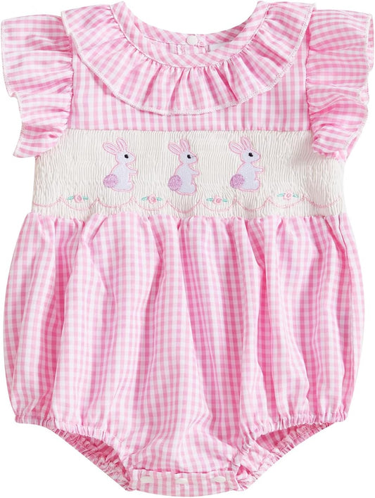 Newborn Baby Girl Smocked Romper Embroidery Peter Pan Collar Ruffle Sleeve Bubble Bodysuit Summer Outfit