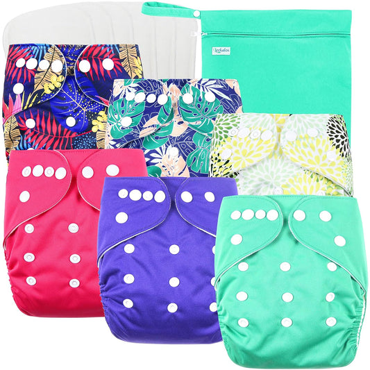 Cloth Diapers Reusable for Boys and Girls, Baby Diaper Cloth with Inserts & Wet Bag One Size (Floral)