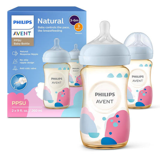 Philips  PPSU Natural Baby Bottles with Medium Flow Nipples (Flow 3), 9Oz, with Decoration, 2-Pack, SCY943/02