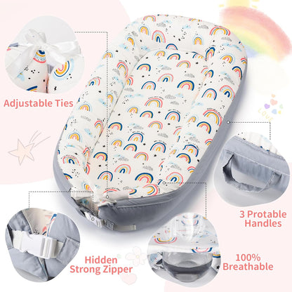 Baby Lounger- Baby Nest for 0-24 Months, Ultra Soft Organic Cotton Breathable & Portable Baby Lounger, Baby Lounger Pillow for Newborn (Rainbow)