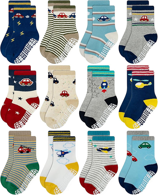 Non Skid anti Slip Crew Socks with Grips for Baby Infant Toddlers Kids Boys