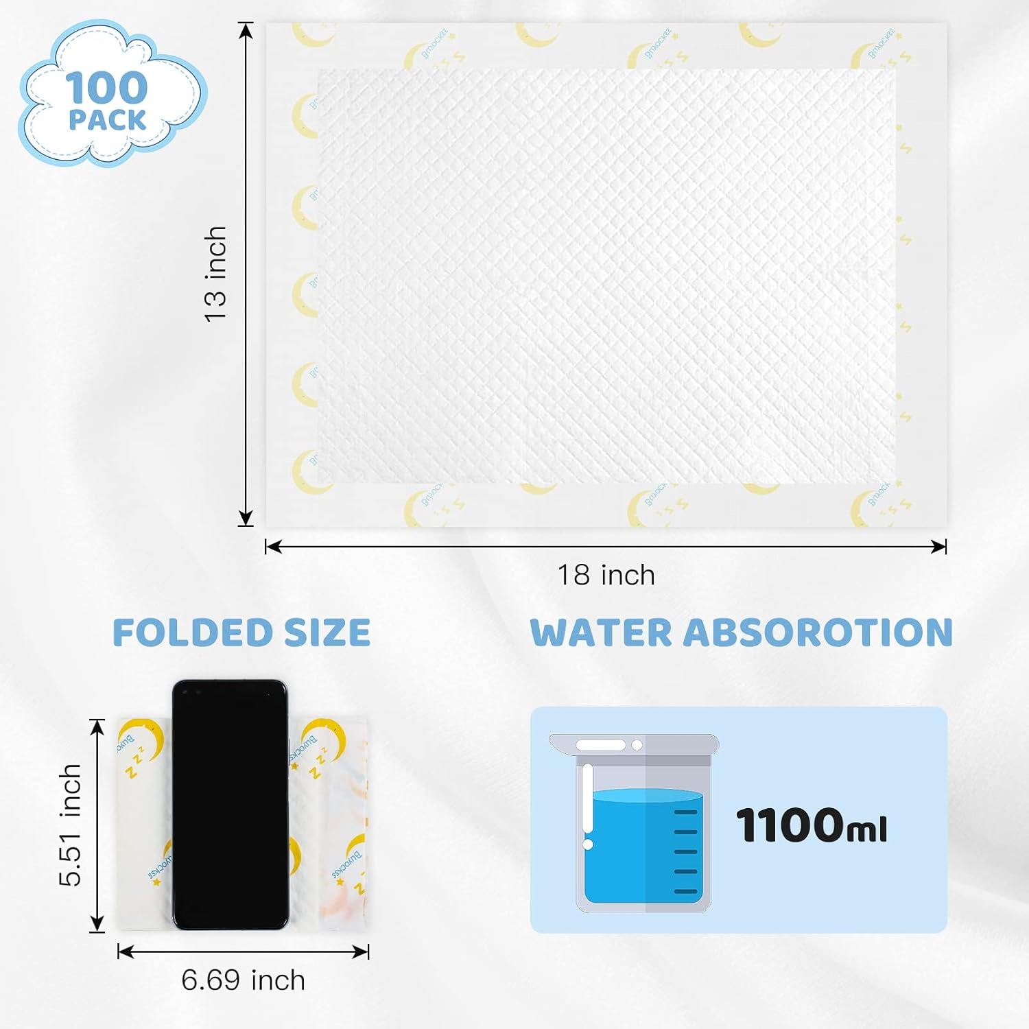 Baby Disposable Changing Pads 100 Count Incontinence Underpad Diaper Changing Liners Quick Absorb Soft Breathable Waterproof Leak Proof 13X18In