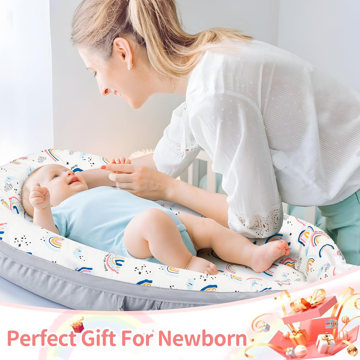 Baby Lounger- Baby Nest for 0-24 Months, Ultra Soft Organic Cotton Breathable & Portable Baby Lounger, Baby Lounger Pillow for Newborn (Rainbow)