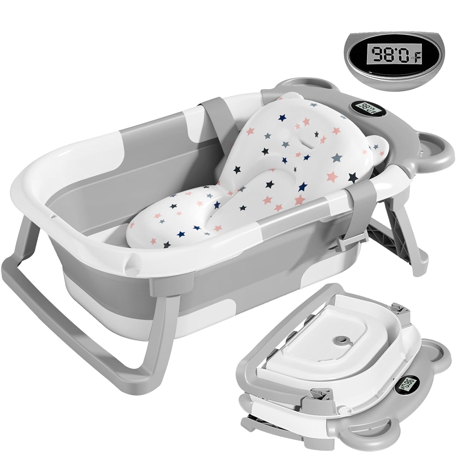 Collapsible Baby Bathtub for Infants to Toddler with Real-Time Temp Monitor+Floating Cushion,Foldable Baby Bath Tub Set Applicable 0-36 Month,Perfect Portable Travel Baby Tub for Newborns Boy