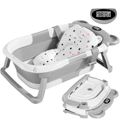 Collapsible Baby Bathtub for Infants to Toddler with Real-Time Temp Monitor+Floating Cushion,Foldable Baby Bath Tub Set Applicable 0-36 Month,Perfect Portable Travel Baby Tub for Newborns Boy