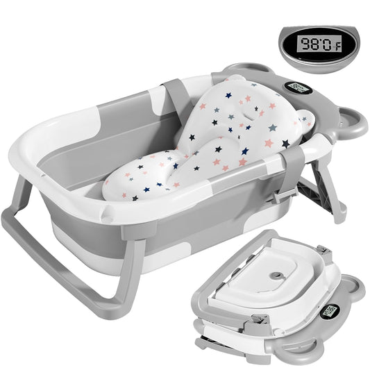Collapsible Baby Bathtub for Infants to Toddler with Real-Time Temp Monitor+Floating Cushion,Foldable Baby Bath Tub Set Applicable 0-36 Month,Perfect Portable Travel Baby Tub for Newborns Boy