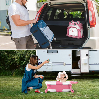 Collapsible Baby Bathtub for Newborns to Toddler with Real-Time Temp Monitor & Floating Cushion,Portable Travel Tub for 0-36 Month, Foldable Baby Bath Tub for Infants Girl (Pink)