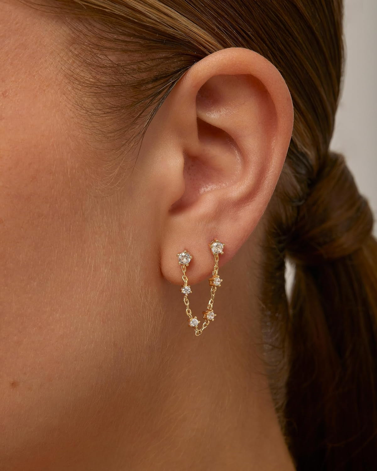 14K Gold Plated Delicate CZ Chain Earrings for Women - Double Piercing Dangle Chain Studs - Cubic Zirconia Earscapes