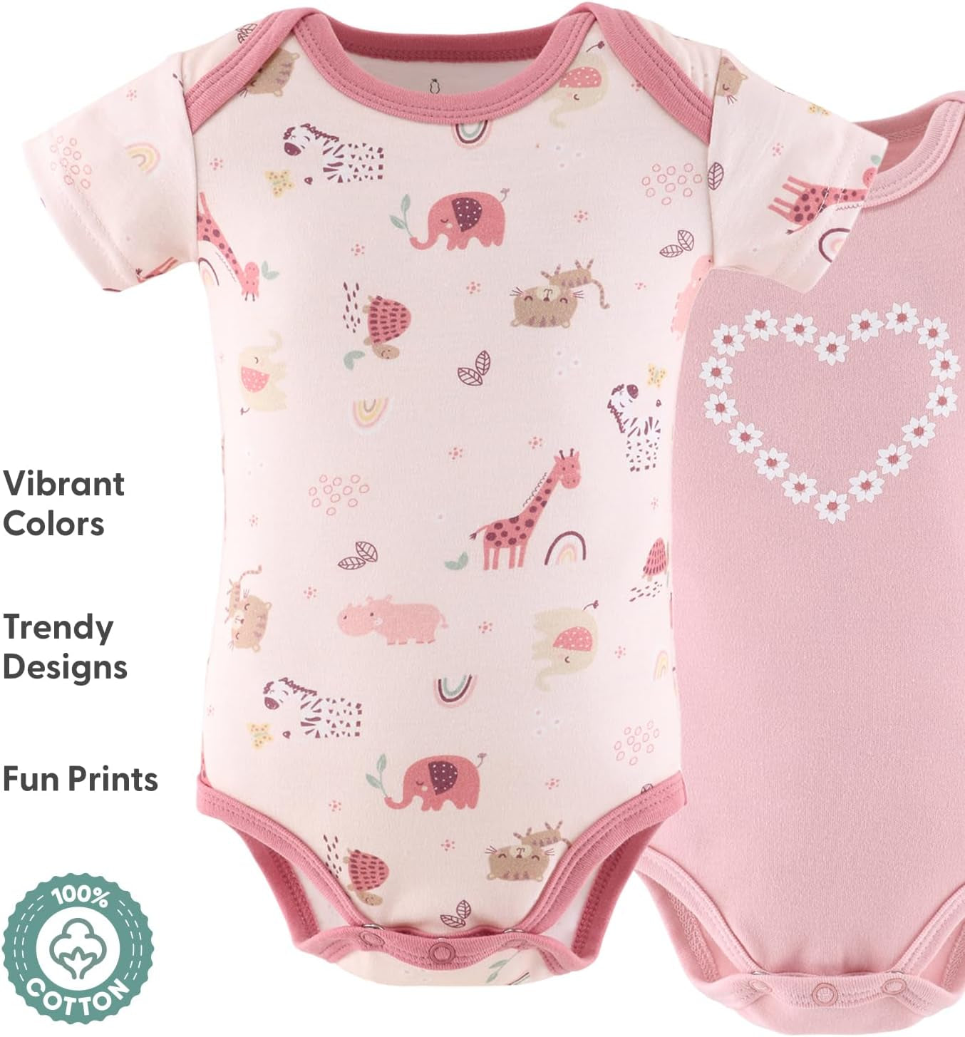 Baby Girl Short Sleeve Bodysuits - Newborn 0-24 Months Baby Clothes - 100% Cotton Outfits - Rainbow Safari
