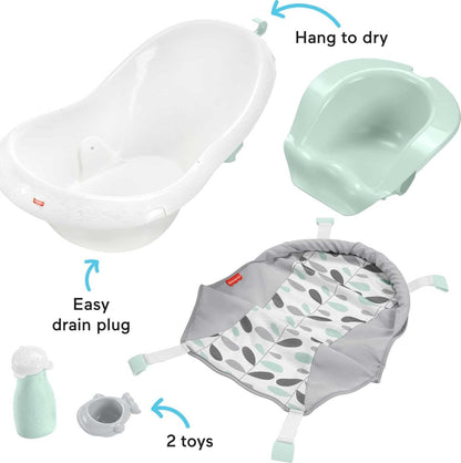 Baby to Toddler Bath 4-In-1 Sling ‘N Seat Tub with Removable Infant Support and 2 Toys, Climbing Leaves