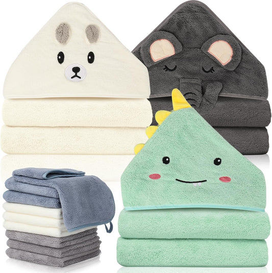 31X31 Inch Baby Hooded Towels, 12Pcs Bath Towels for Boys, Washcloth Set with Cute Design, Shower Towel Gift for Newborns, Infants and Toddlers