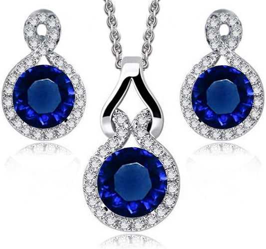 round Zirconia Crystals Set Pendant Necklace Earrings 18K White Gold Plated for Women